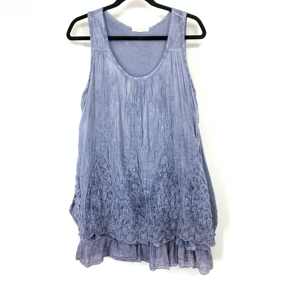 Belle France Top Womens XL Blue Shaggy Applique Floral Embroidery Tiered Ruffle